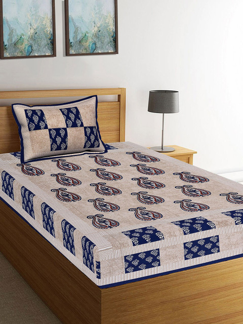 

Tistabene Beige & Blue Ethnic Motifs 144 TC Cotton 1 Single Bedsheet with 1 Pillow Covers