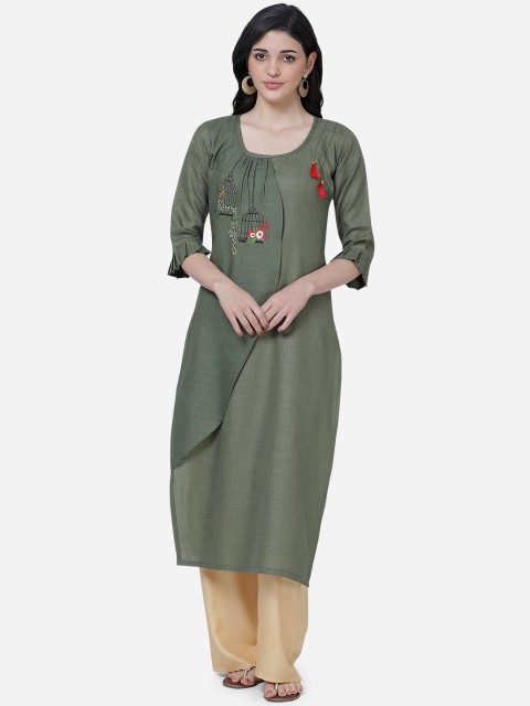 

Youthnic Women Green Embroidered Layered Straight Kurta