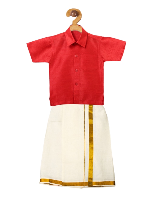 

Ridokidz Boys Red & Off-White Solid Shirt and Veshti
