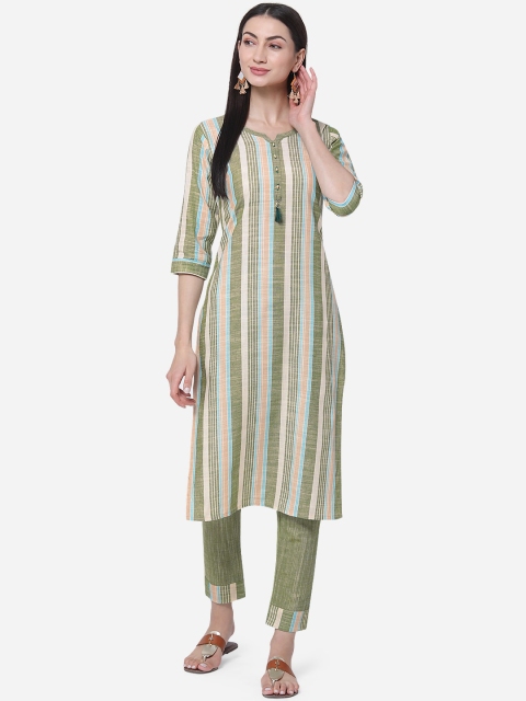 

Kvsfab Women Olive Green & Peach-Coloured Striped Kurta with Pyjamas