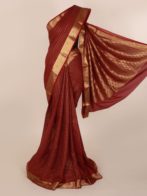 

Pothys Maroon & Gold-Toned Pure Georgette Checked Saree