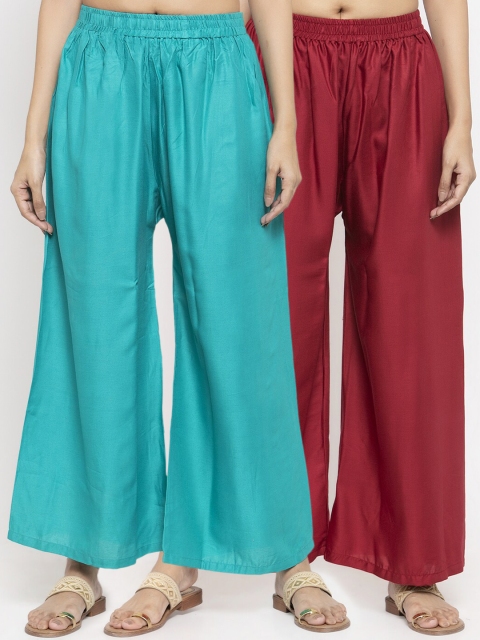 

NEUDIS Women Pack Of 2 Solid Flared Palazzos, Teal
