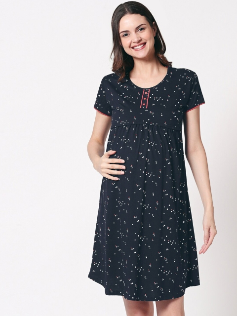 

Zeyo Women Navy Blue & White Printed Maternity & Feeding Night Dress