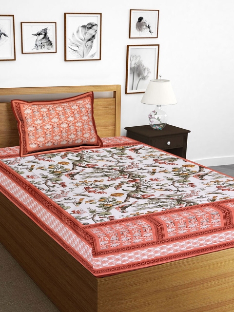 

Tistabene Orange Floral 144 TC Cotton 1 Single Bedsheet with 1 Pillow Covers