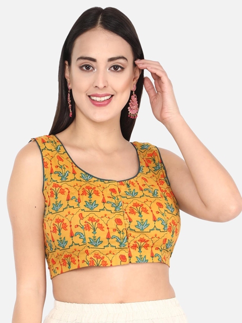 

Molcha Women Yellow & Green Sanganeri Printed Handcrafted Non-Padded Sleeveless Saree Blouse