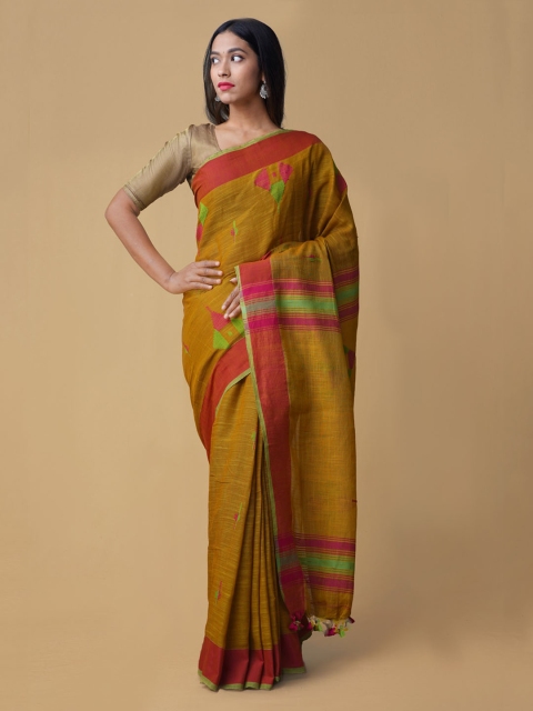 

Unnati Silks Mustard & Green Pure Linen Woven Design Jamdani Saree