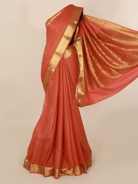 

Pothys Peach-Coloured & Gold-Toned Pure Georgette Checked Saree