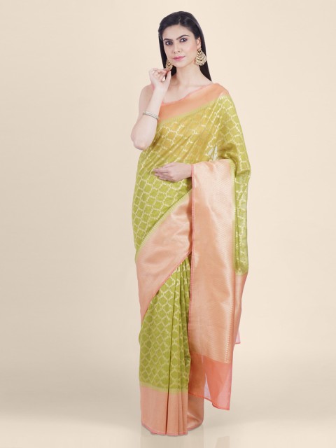 

Shruti and Mangaaysh Green & Rose Gold-Plated Linen Blend Handloom Banarasi Saree