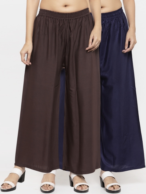 

NEUDIS Women Pack Of 2 Navy Blue & Brown Solid Flared Palazzos