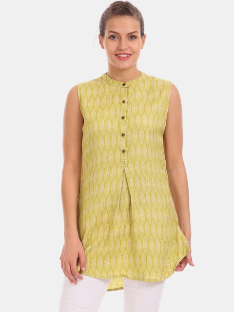 Bronz Women Lime Green Mandarin Neck Printed Tunic
