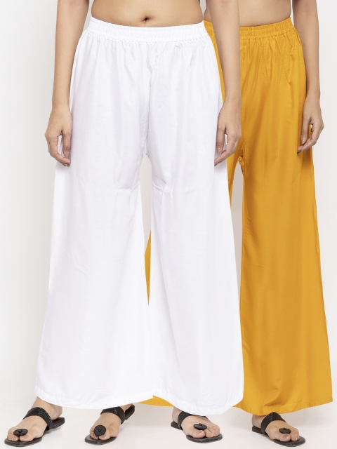 

NEUDIS Women Pack Of 2 White & Yellow Solid Flared Palazzos