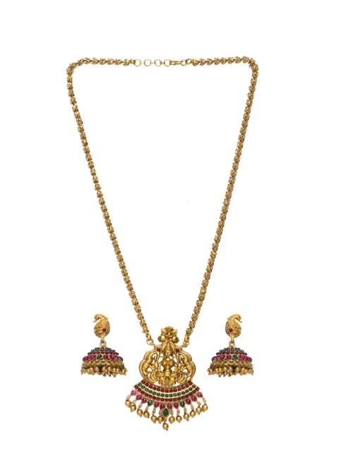 

Alankruthi Gold-Plated Pink & Green Stone Studded Goddess Chain Pendant Jewellery Set