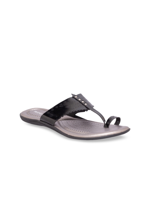 

Rocia Women Black Striped T-Strap Kolhapuri Flats
