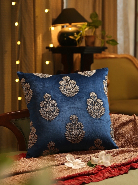 

Amoliconcepts Blue & Beige Zari Embroidered Hand Beaded Velvet Cushion Cover