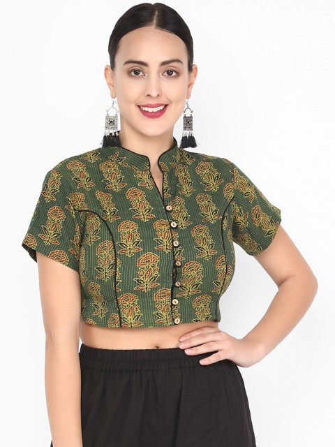 

Molcha Women Green & Black Printed Non-Padded Saree Blouse