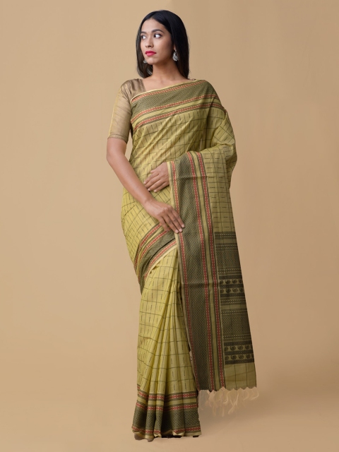 

Unnati Silks Green & Brown Pure Cotton Checked Handloom Mysore Silk Saree