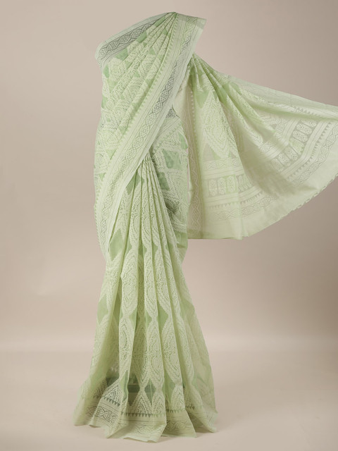 

Pothys Green & White Jute Silk Woven Design Saree
