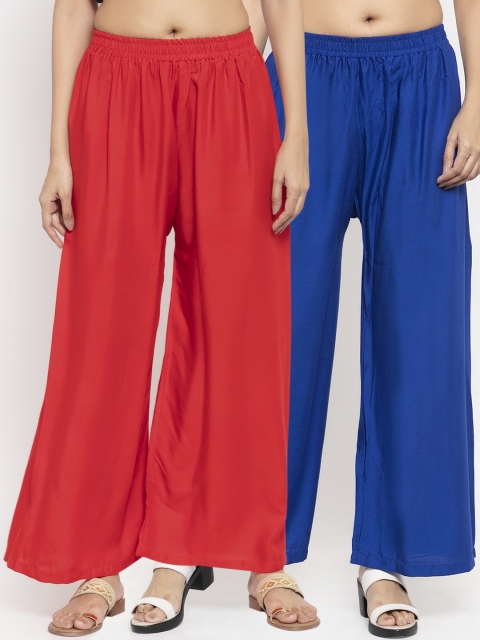 

NEUDIS Women Pack Of 2 Solid Flared Palazzos, Red