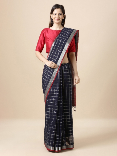 

Taneira Navy Blue & Maroon Pure Cotton Checked Mangalagiri Handloom Saree