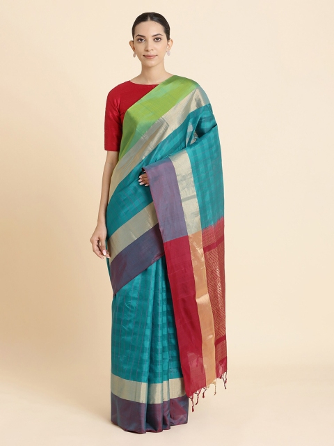 

Taneira Turquoise Blue & Pink Pure Silk Colourblocked Handloom Saree