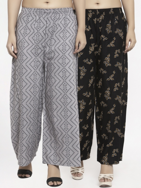 

KLOTTHE Women Pack Of 2 Printed Flared Palazzos, Black