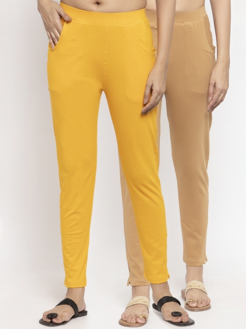 

NEUDIS Women Pack Of 2 Solid Ankle-Length Leggings, Yellow