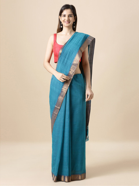 

Taneira Turquoise Blue & Gold-Coloured Pure Cotton Striped Mangalagiri Handloom Saree