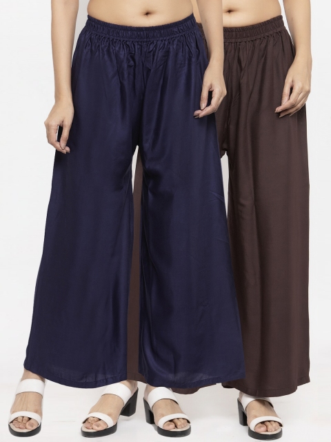 

NEUDIS Women Pack Of 2 Navy Blue & Brown Solid Flared Palazzos