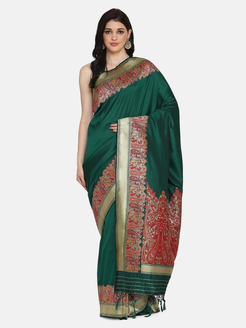 

BOMBAY SELECTIONS Green Silk Blend Solid Banarasi Saree