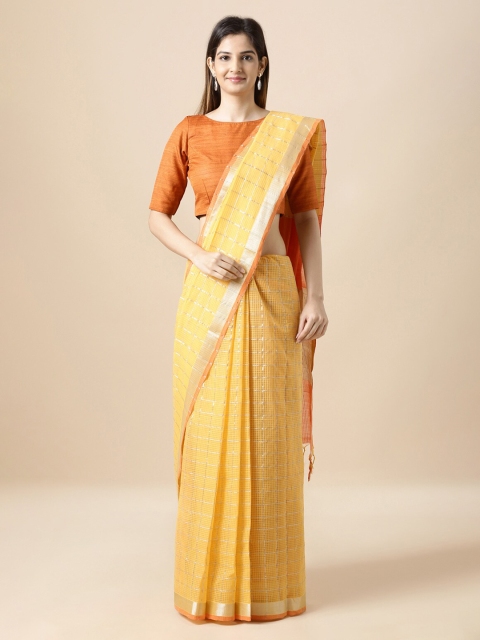 

Taneira Yellow & Orange Pure Cotton Checked Mangalagiri Handloom Saree