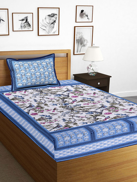 

Tistabene Blue & White Floral 144 TC Cotton 1 Single Bedsheet with 1 Pillow Covers