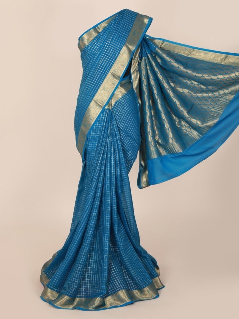 

Pothys Blue & Gold-Toned Pure Georgette Checked Saree