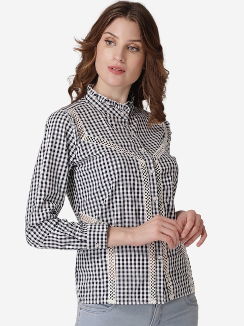 

LABEL REGALIA Women Navy Blue Checked Shirt Style Pure Cotton Top