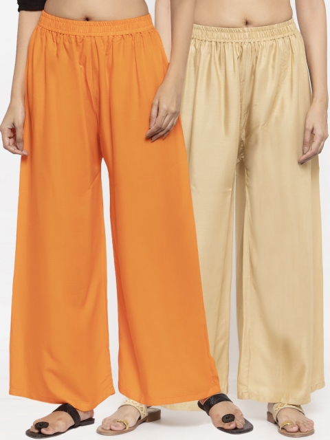 

NEUDIS Women Pack Of 2 Solid Flared Palazzos, Orange