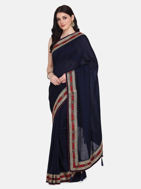 

BOMBAY SELECTIONS Navy Blue Silk Blend Solid Khadi Saree