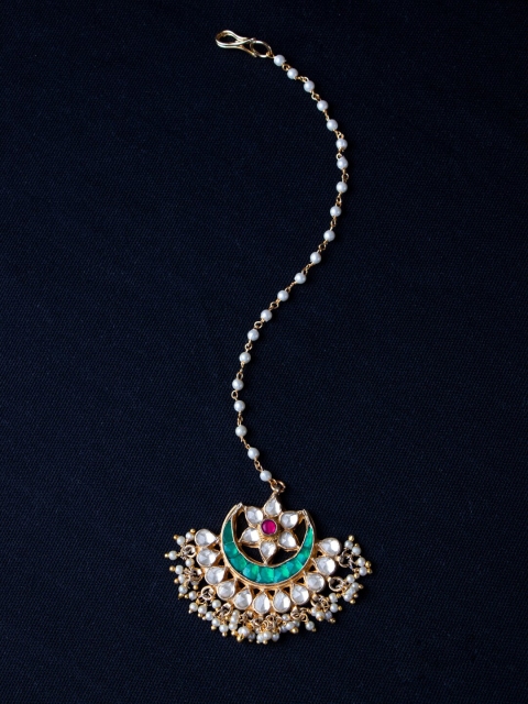 

MORKANTH JEWELLERY Gold Plated & White Kundan Studded Maang Tikka, Sea green