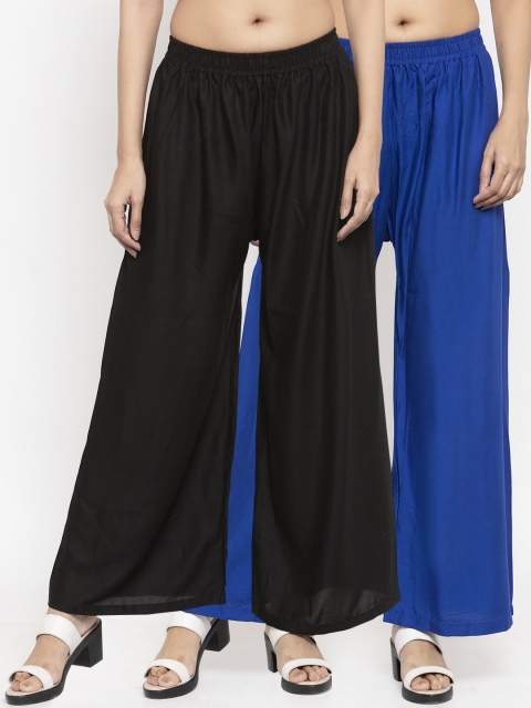 

NEUDIS Women Pack Of 2 Black & Blue Solid Flared Palazzos