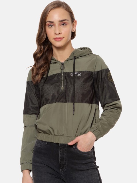 

Campus Sutra Women Olive Green Colourblocked Windcheater Bomber