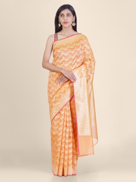 

Shruti and Mangaaysh Orange & Beige Silk Blend Woven Design Banarasi Saree