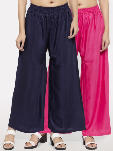 

NEUDIS Women Pack Of 2 Solid Flared Palazzos, Navy blue