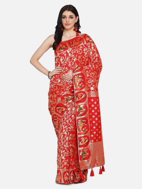

BOMBAY SELECTIONS Red & Gold-Toned Silk Blend Woven Design Banarasi Saree