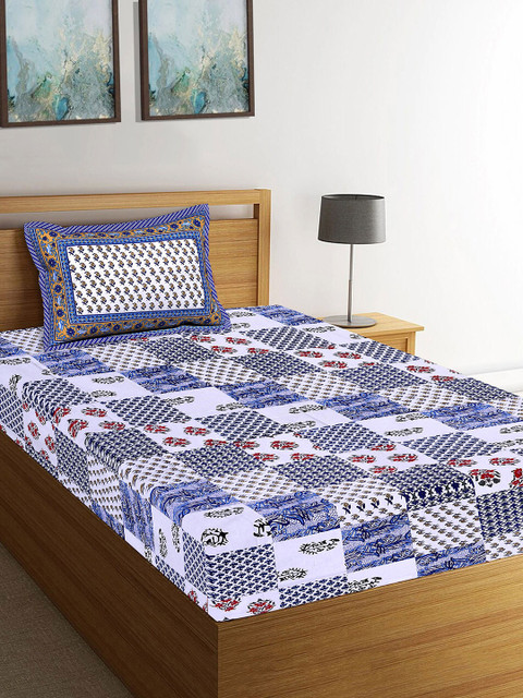 

Tistabene Blue & Off-White Geometric 144 TC Cotton 1 Single Bedsheet with 1 Pillow Covers
