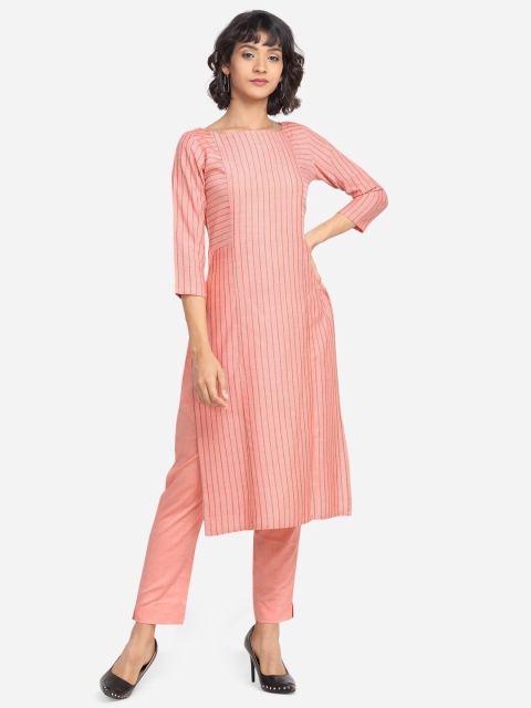 

Yuvraah Women Pink & Grey Striped Straight Kurta
