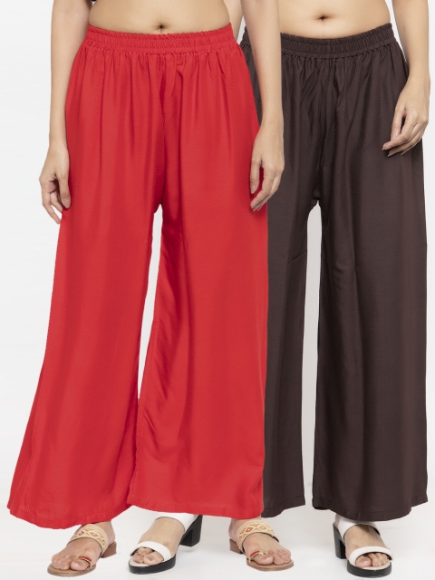 

NEUDIS Women Pack Of 2 Solid Flared Palazzos, Red