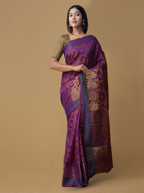 

Unnati Silks Purple & Gold-Toned Silk Cotton Woven Design Uppada Saree