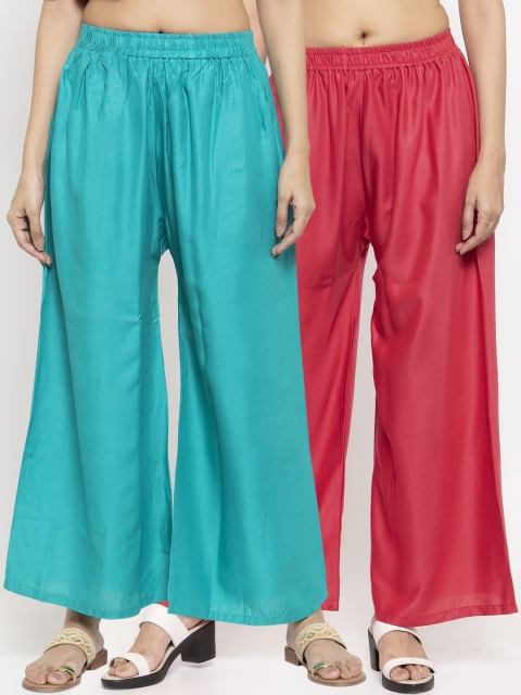 

NEUDIS Women Pack Of 2 Solid Flared Palazzos, Teal