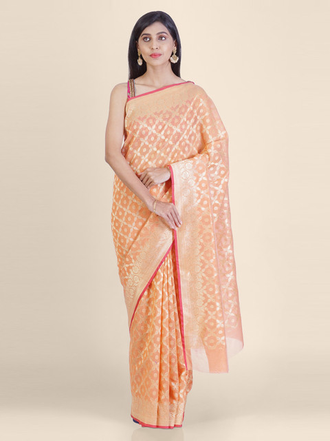 

Shruti and Mangaaysh Peach-Coloured & Gold-Coloured Silk Blend Handloom Banarasi Saree