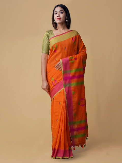 

Unnati Silks Orange & Green Pure Linen Woven Design Jamdani Saree