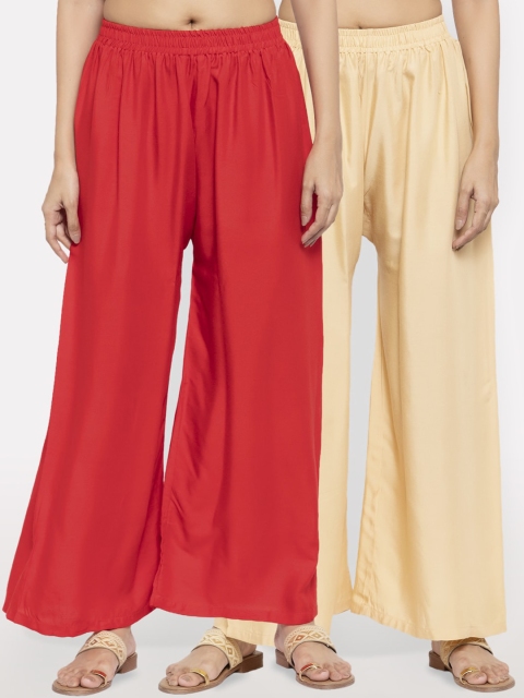 

NEUDIS Women Pack Of 2 Solid Flared Palazzos, Red