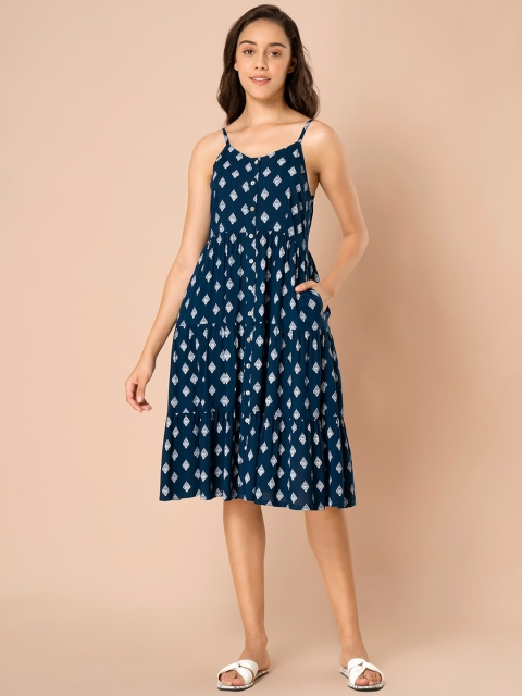 

INDYA Women Blue Printed Fit and Flare Dress